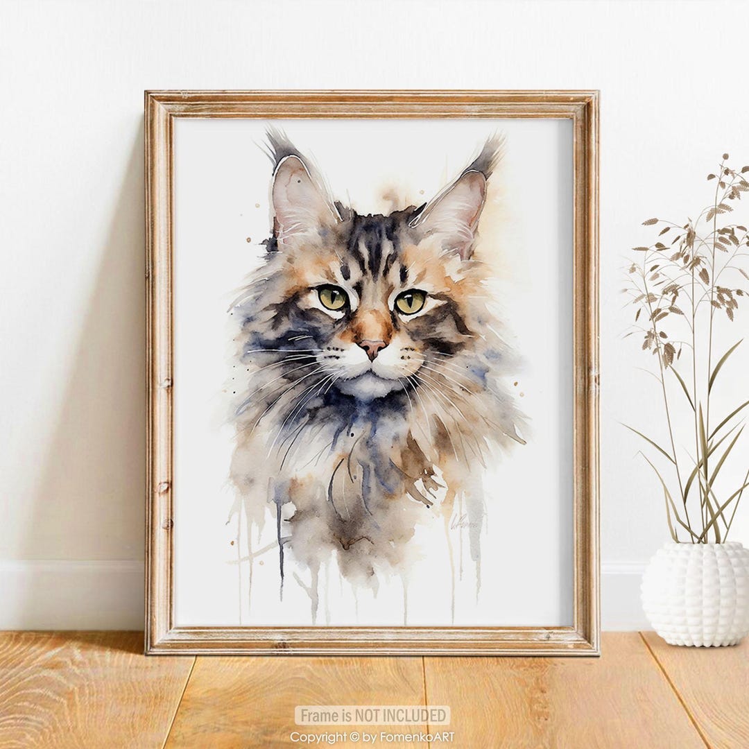 Maine Coon Cat watercolour portrait print